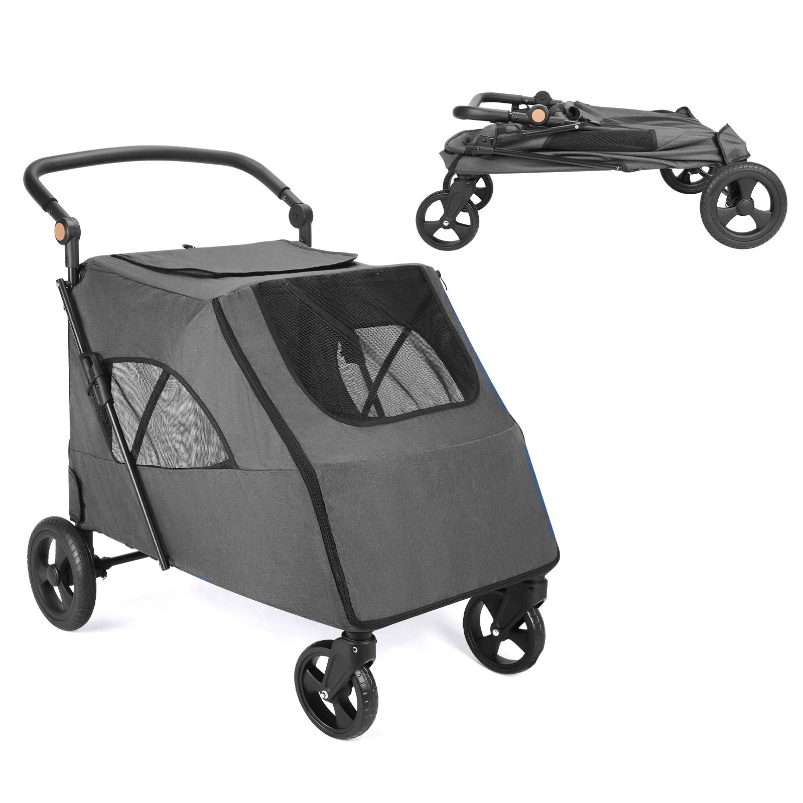 Pet stroller with folded tray, dog, and close-up of wheels on a white background