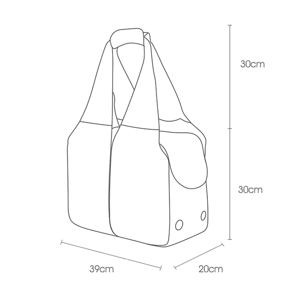 Line drawing of a shoulder bag with dimensions labeled