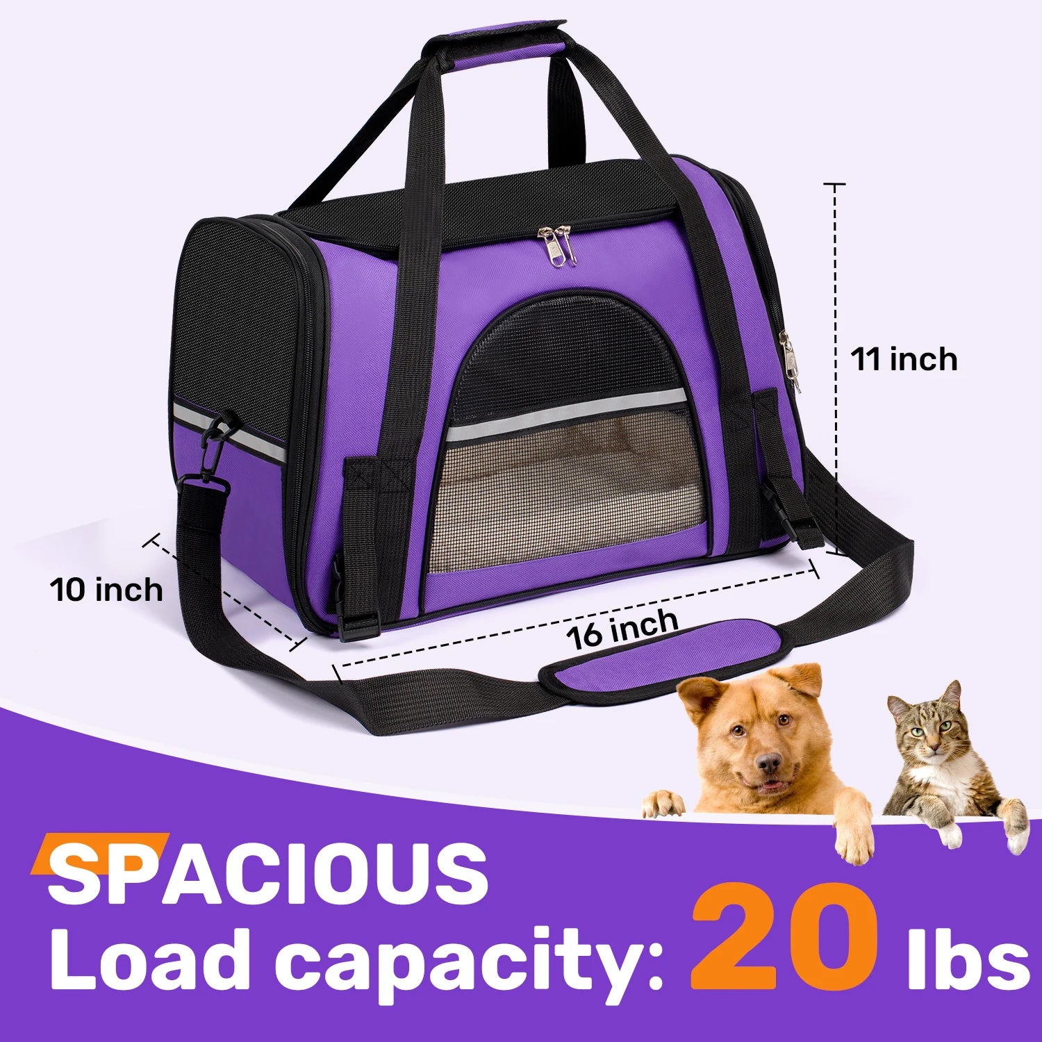 Purple pet carrier with dimensions and capacity details on a white background