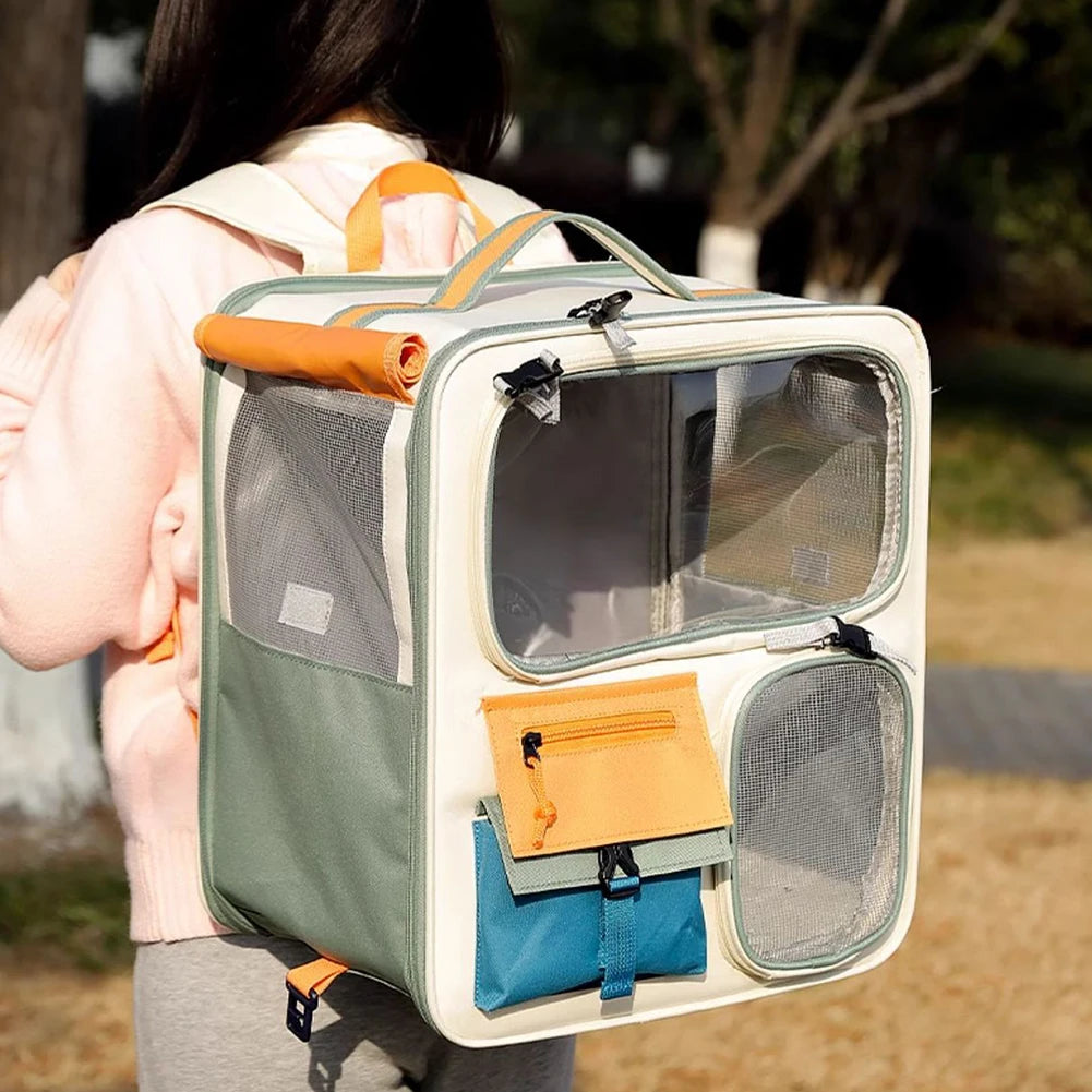Person carrying a transparent pet carrier with orange and blue accents outdoors.
