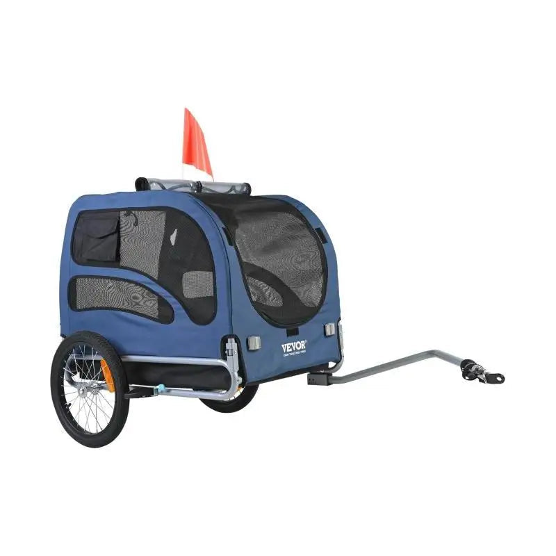 Blue pet bike trailer with a red flag on a white background