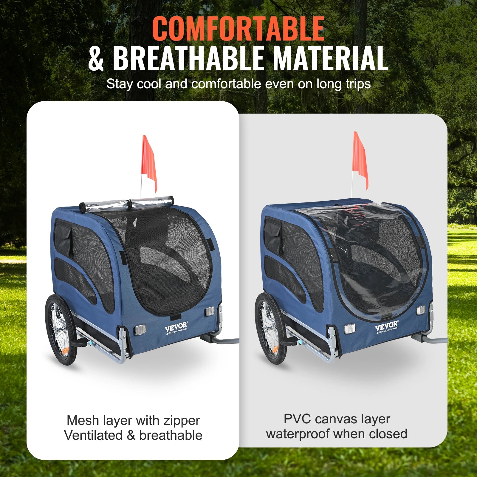 Blue pet trailer with mesh and PVC canvas layers on a grassy background