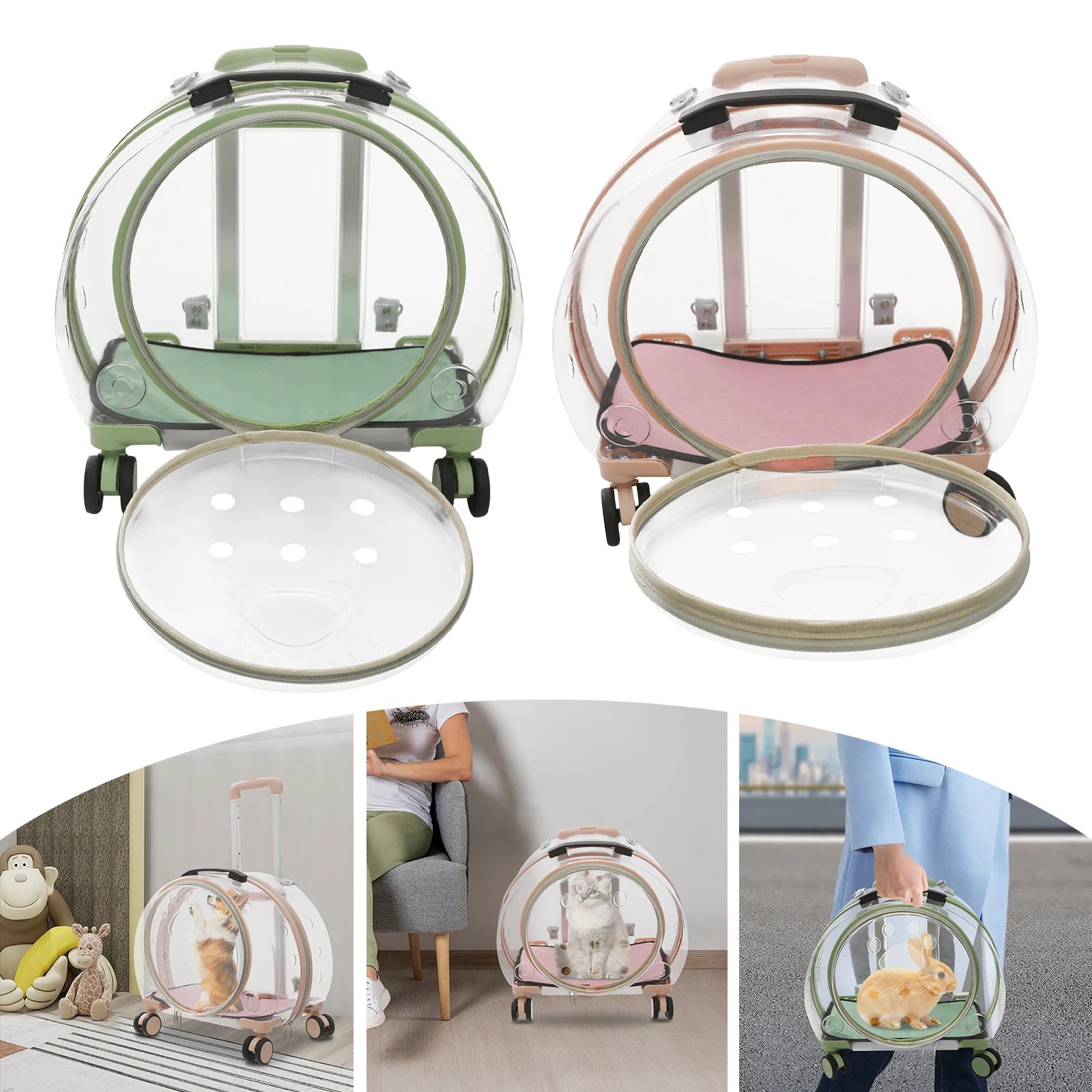 Pet carrier with transparent dome on wheels in various settings
