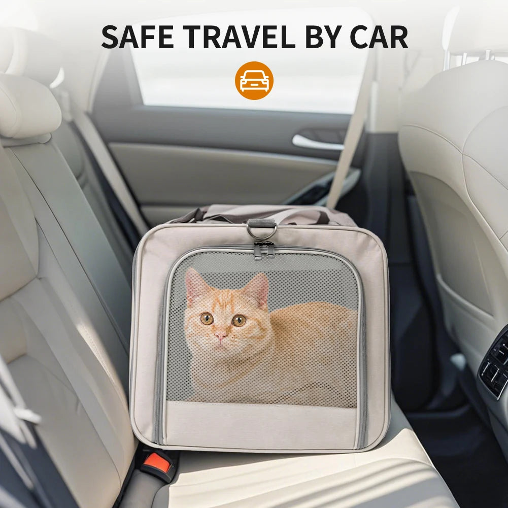 Pet carrier with a cat inside, placed in a car seat.