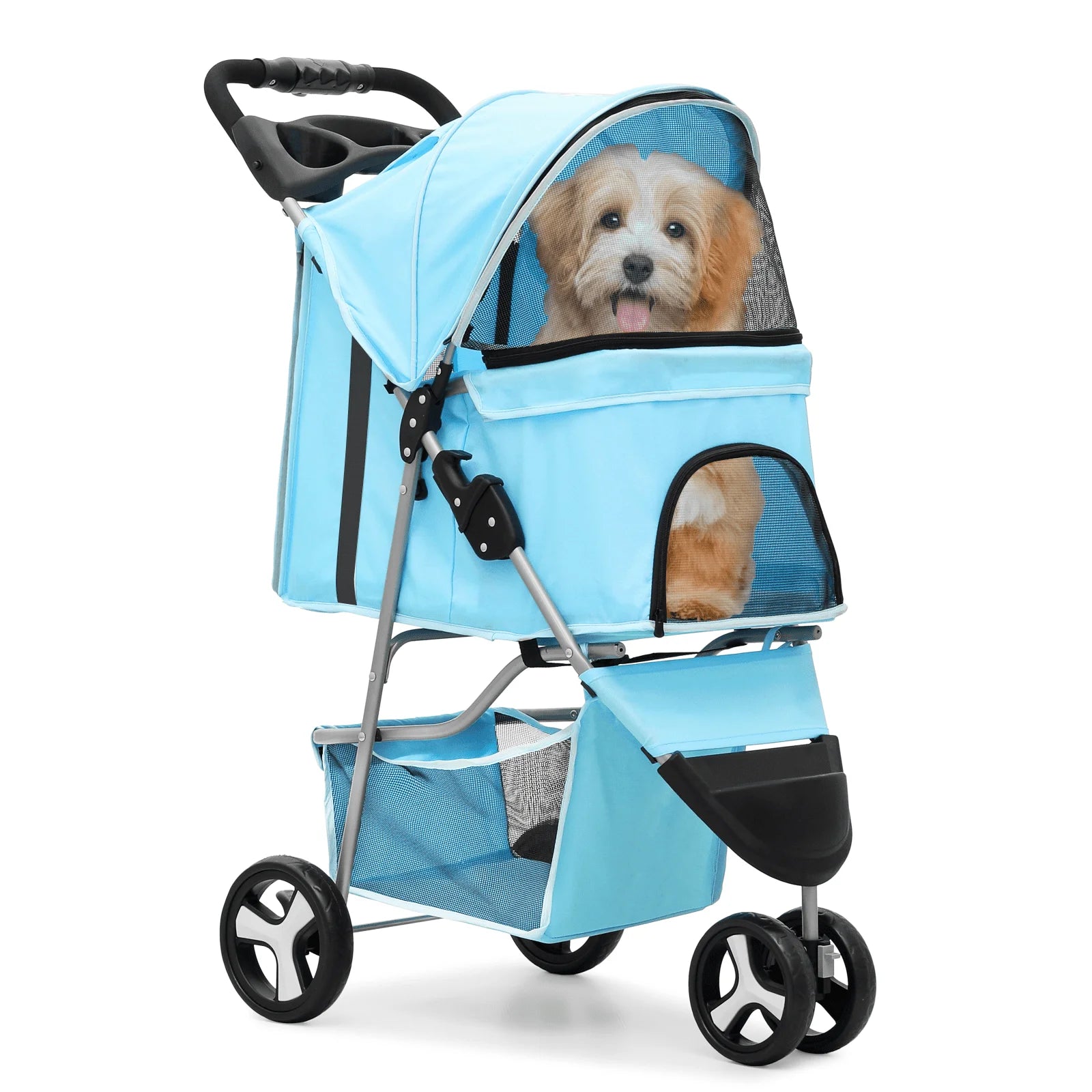 Blue pet stroller with a dog inside on a white background