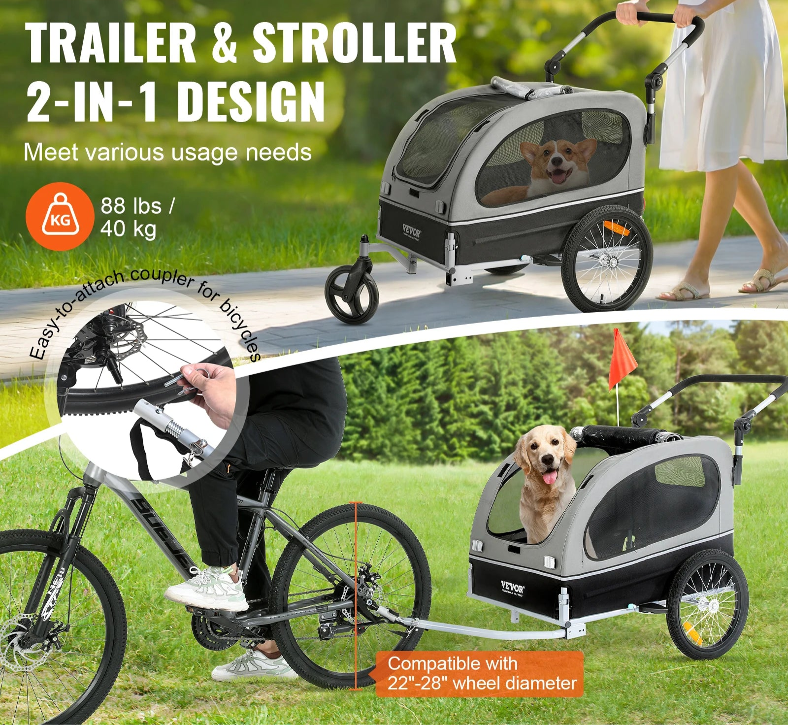 Vevor trailer and stroller with a dog, suitable for various usage needs including attachment to bicycles.