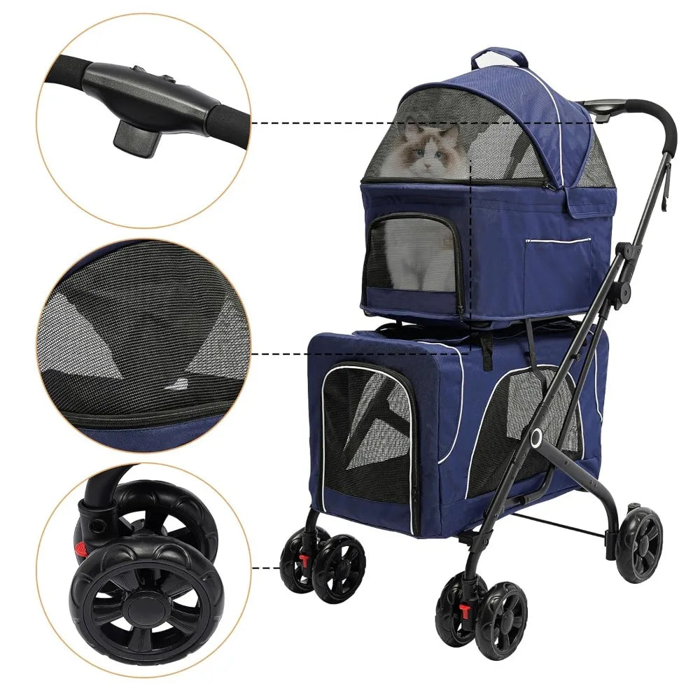 Blue pet stroller with detailed views of handle, mesh window, and wheels on a white background