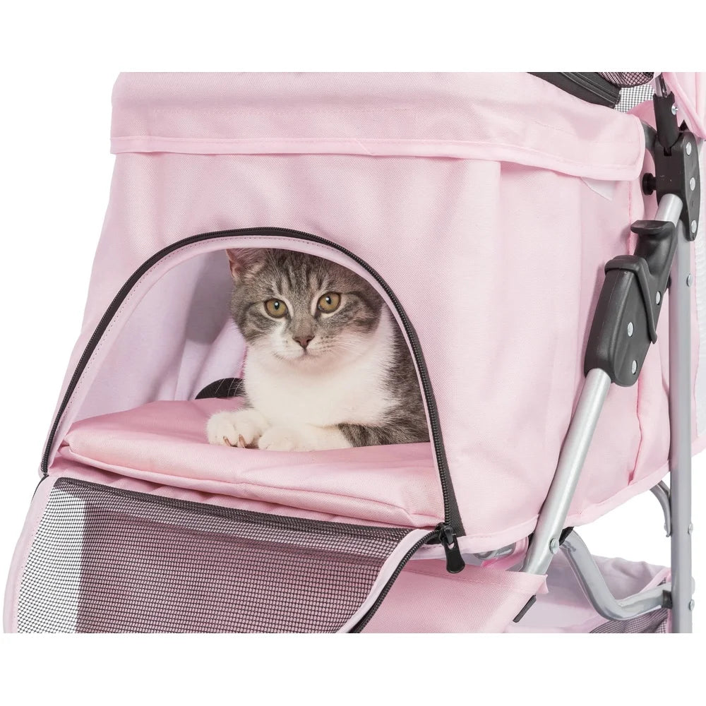Cat inside a pink pet stroller on a white background