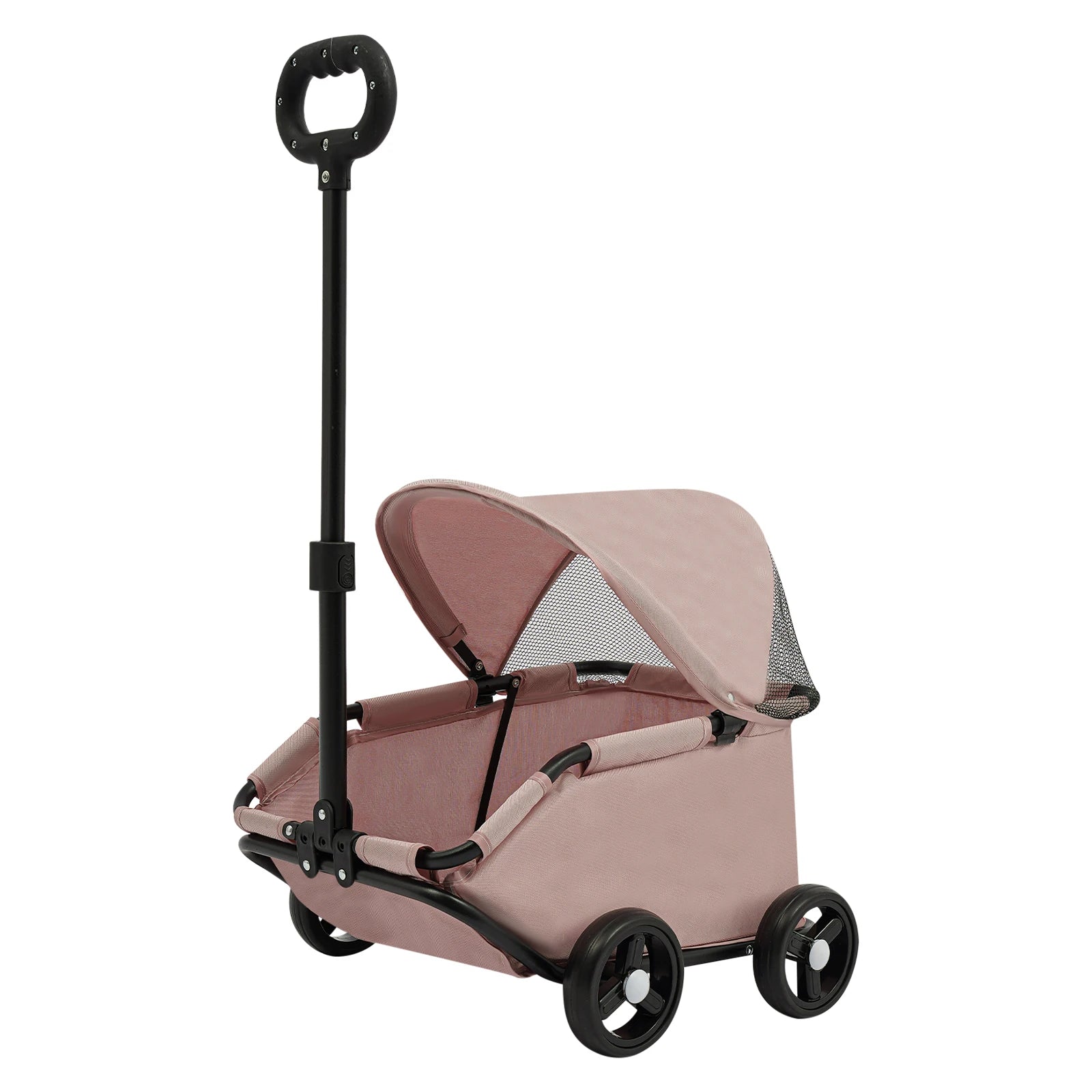 Pink pet stroller with a black handle on a white background
