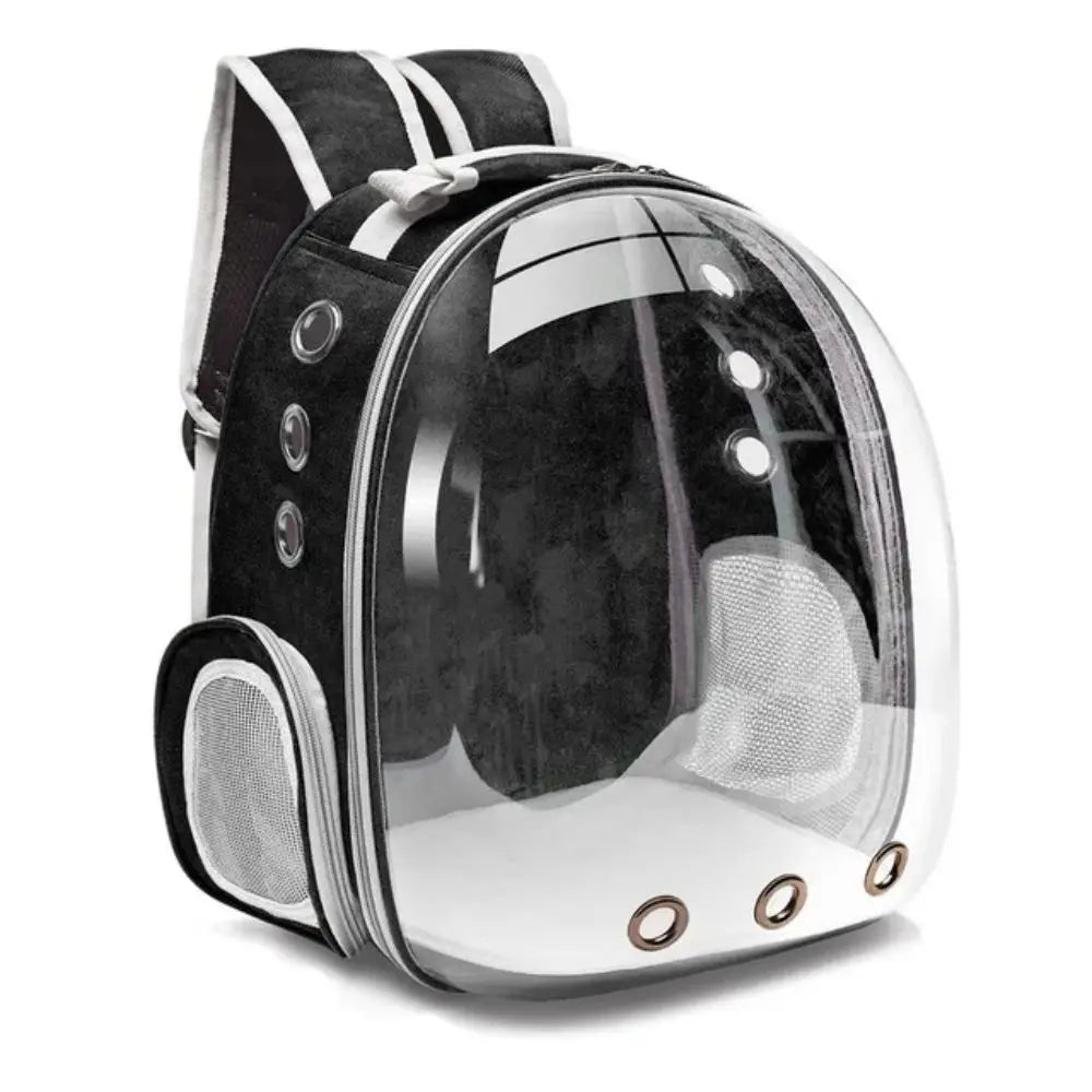 Black and clear pet backpack with astronaut design on a white background