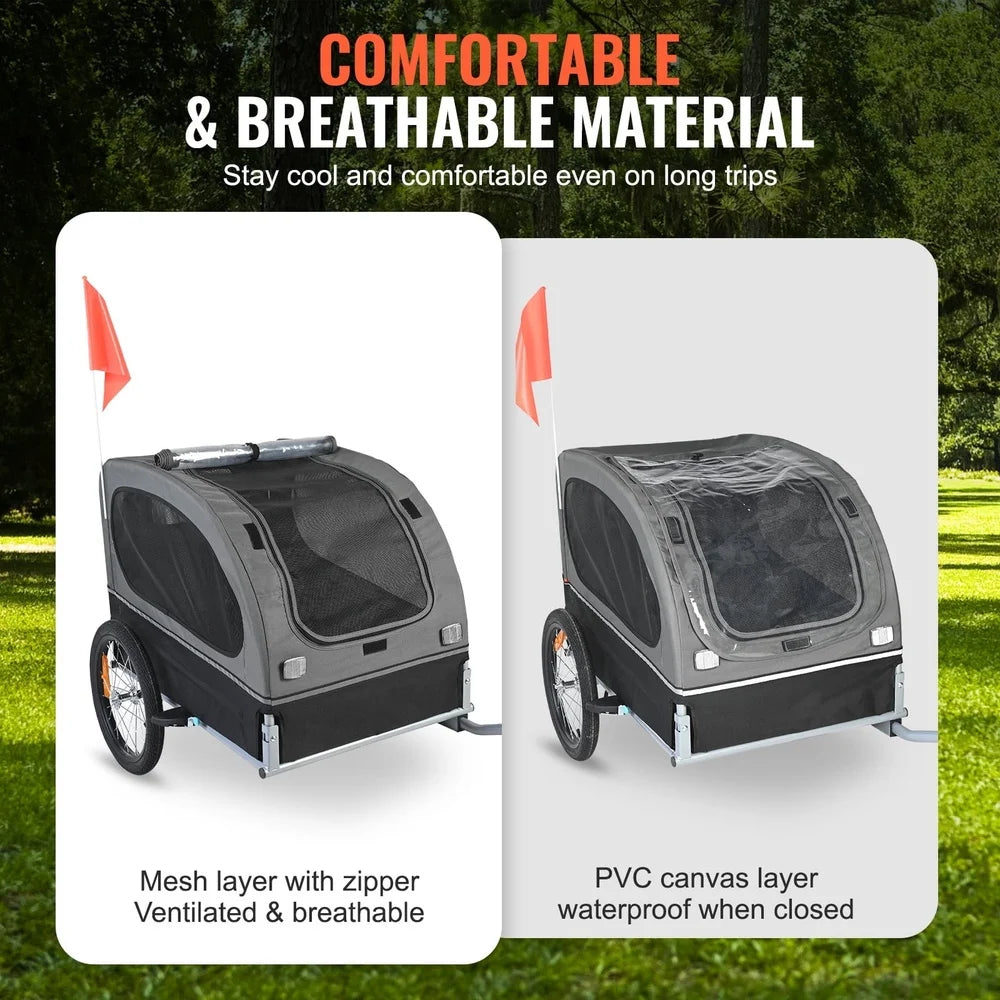 Pet bike trailer with mesh and PVC canvas layers on a grassy background