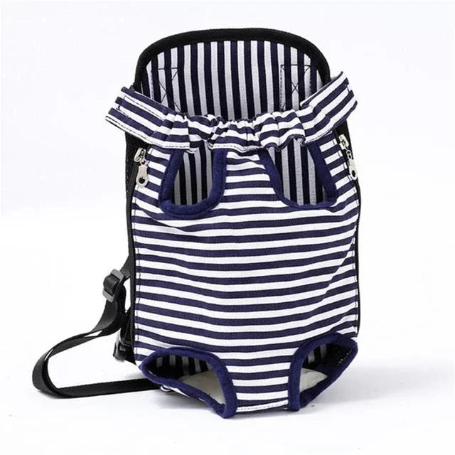 Blue and white striped pet carrier on a white background