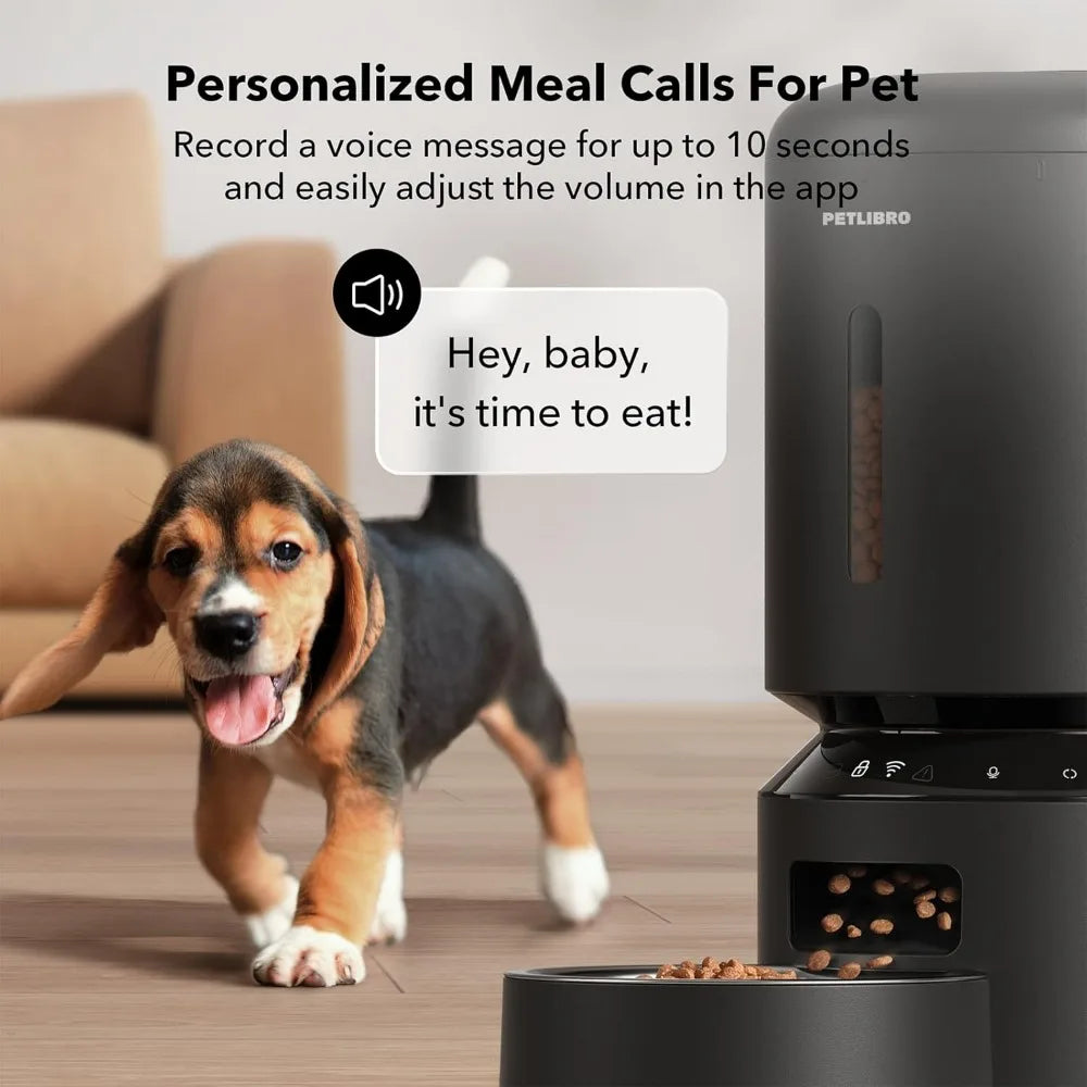 Pet feeder with a dog and text about personalized meal calls for pets, featuring the Petlibro brand.