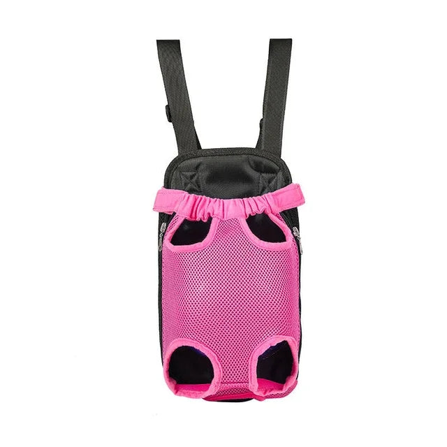 Pink pet carrier with black straps on a white background