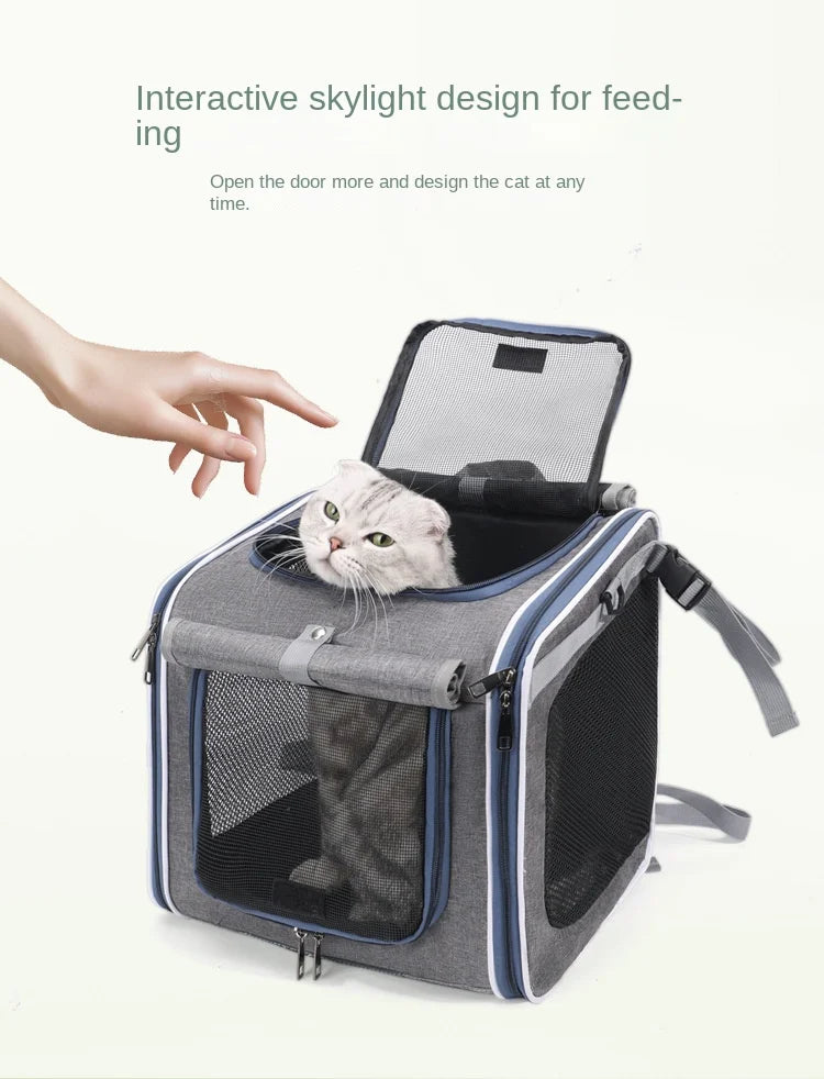 Pet carrier with a cat inside, featuring an interactive skylight design on a white background.