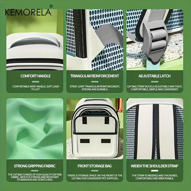 Komorela product features including comfort handle, triangular reinforcement, adjustable latch, strong gripping fabric, front storage bag, and widened shoulder strap on a green background.