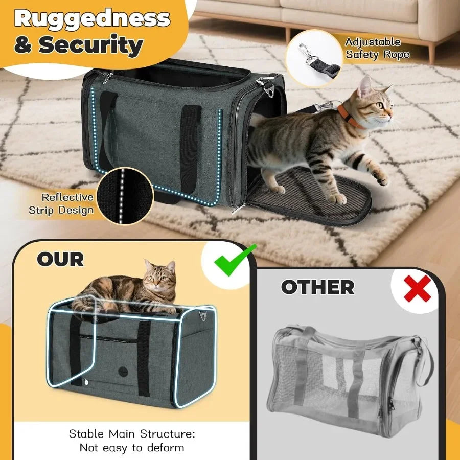 Pet carrier with a cat, highlighting ruggedness, security, and reflective strip design.