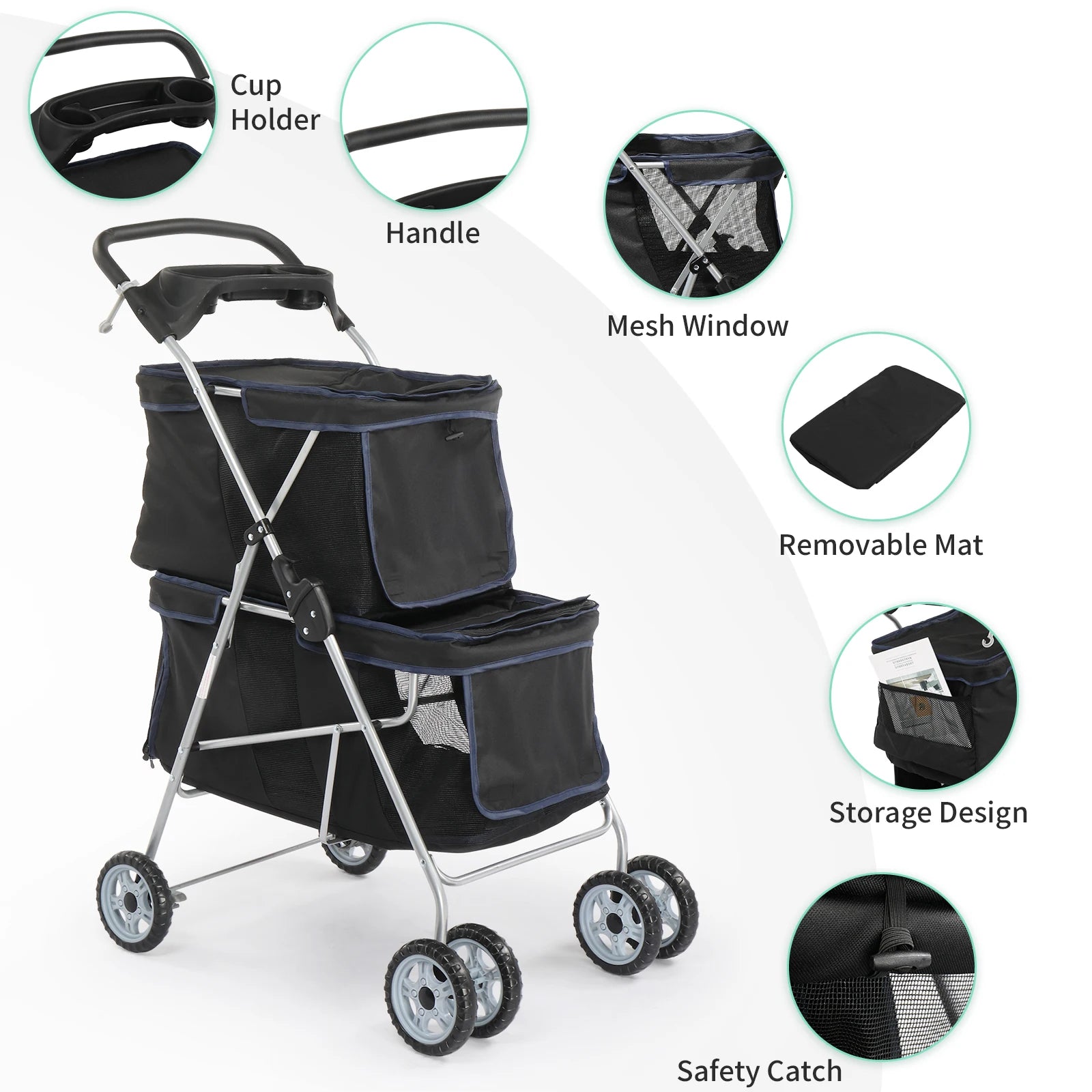 Black pet stroller with features highlighted on a white background