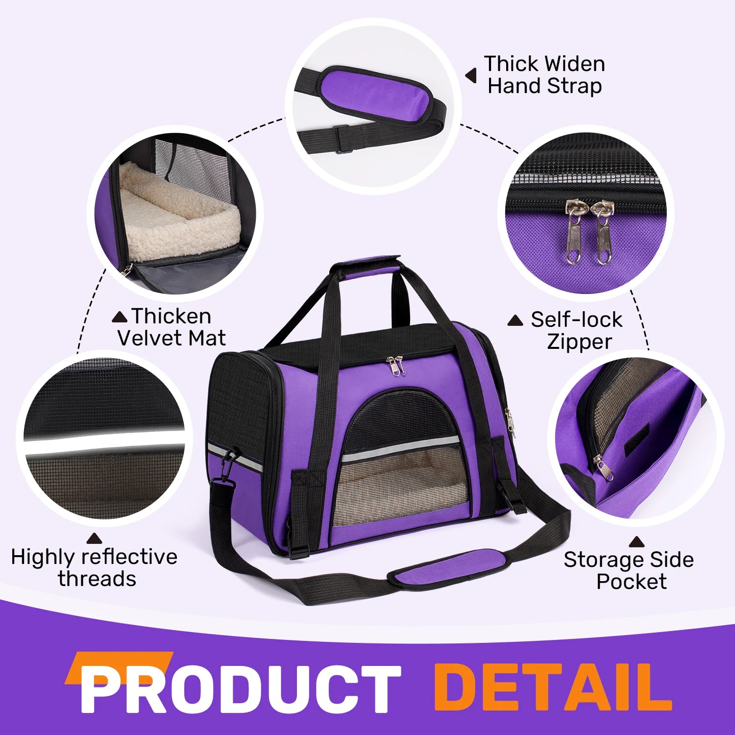 Purple pet carrier with features highlighted on a white background