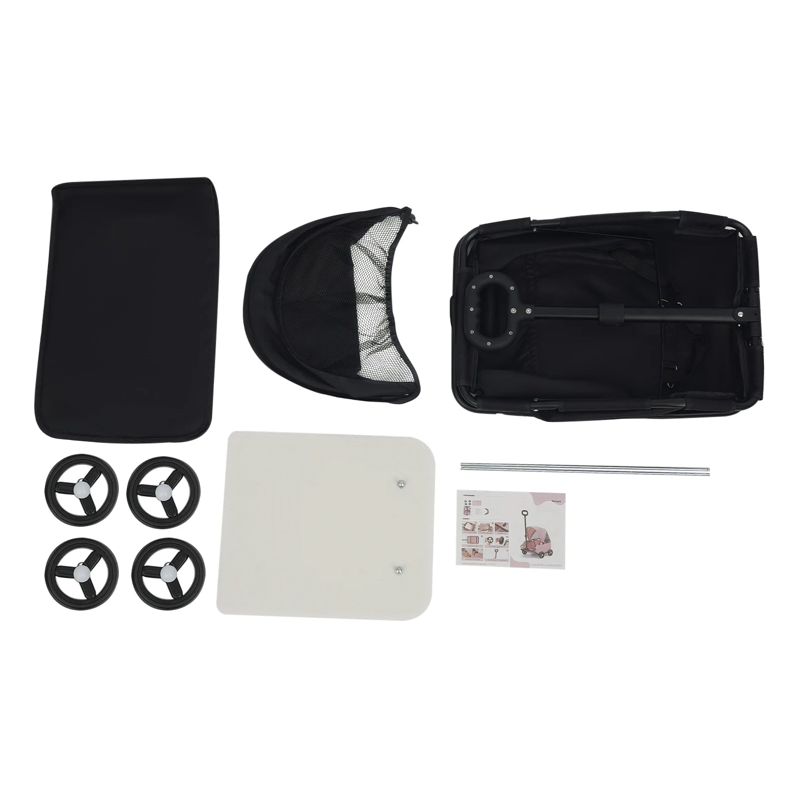 Collection of black and white items including a bag, fan parts, and a stick on a white background