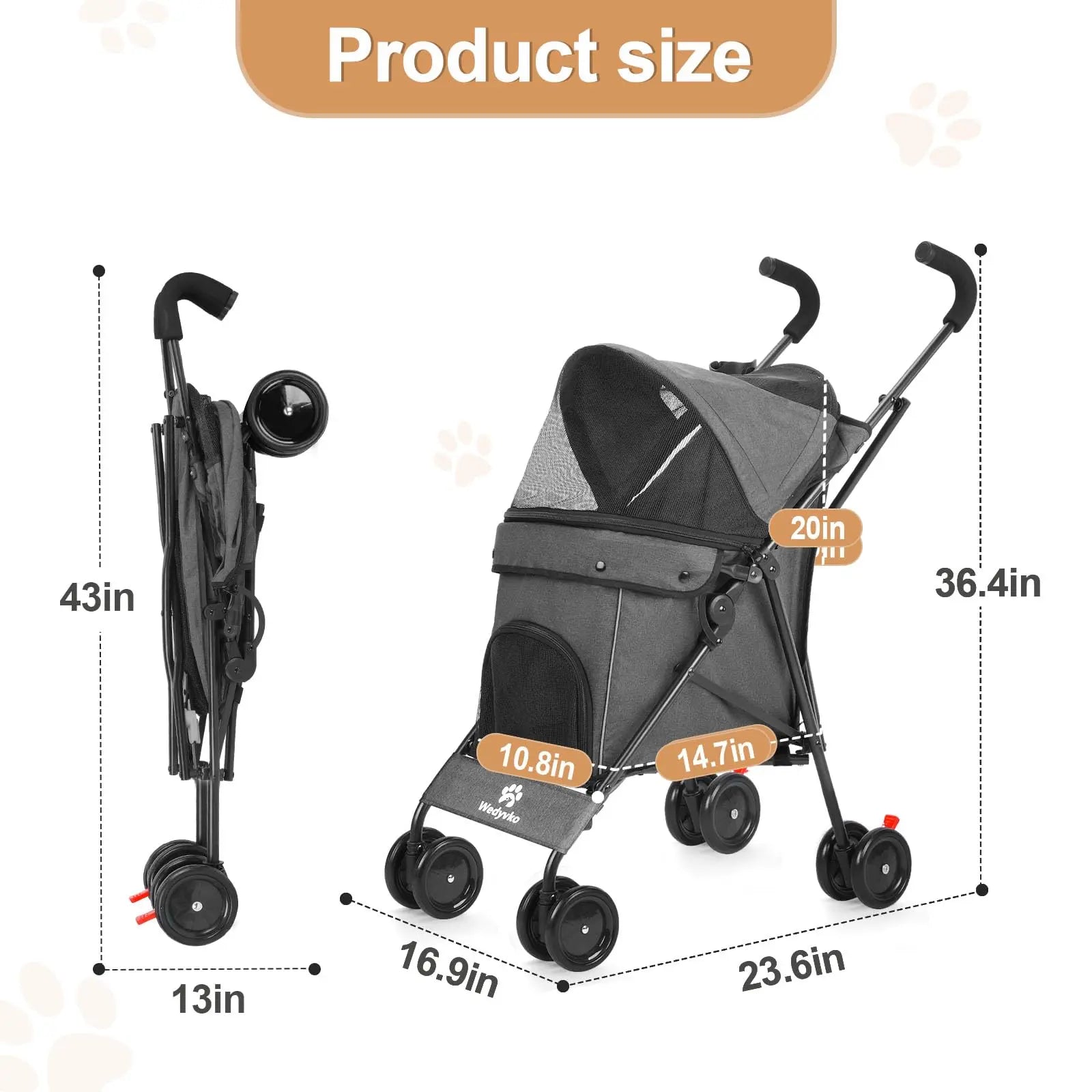 Measurement chart of a gray and black stroller with dimensions labeled.