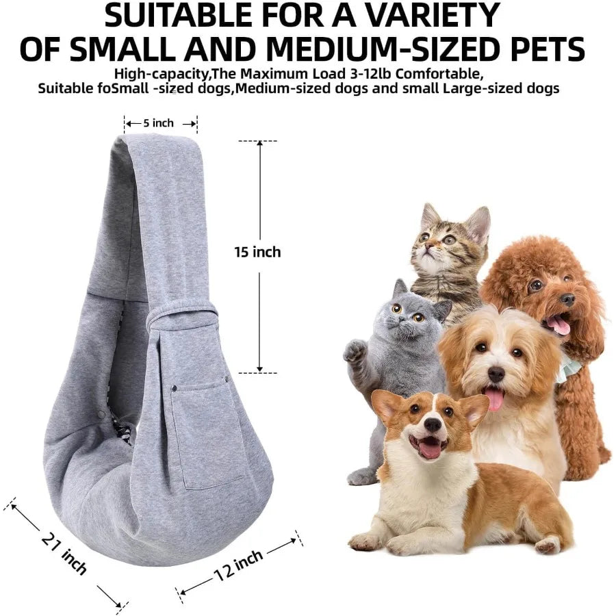 Pet sling with dimensions and capacity details, featuring small and medium-sized pets.