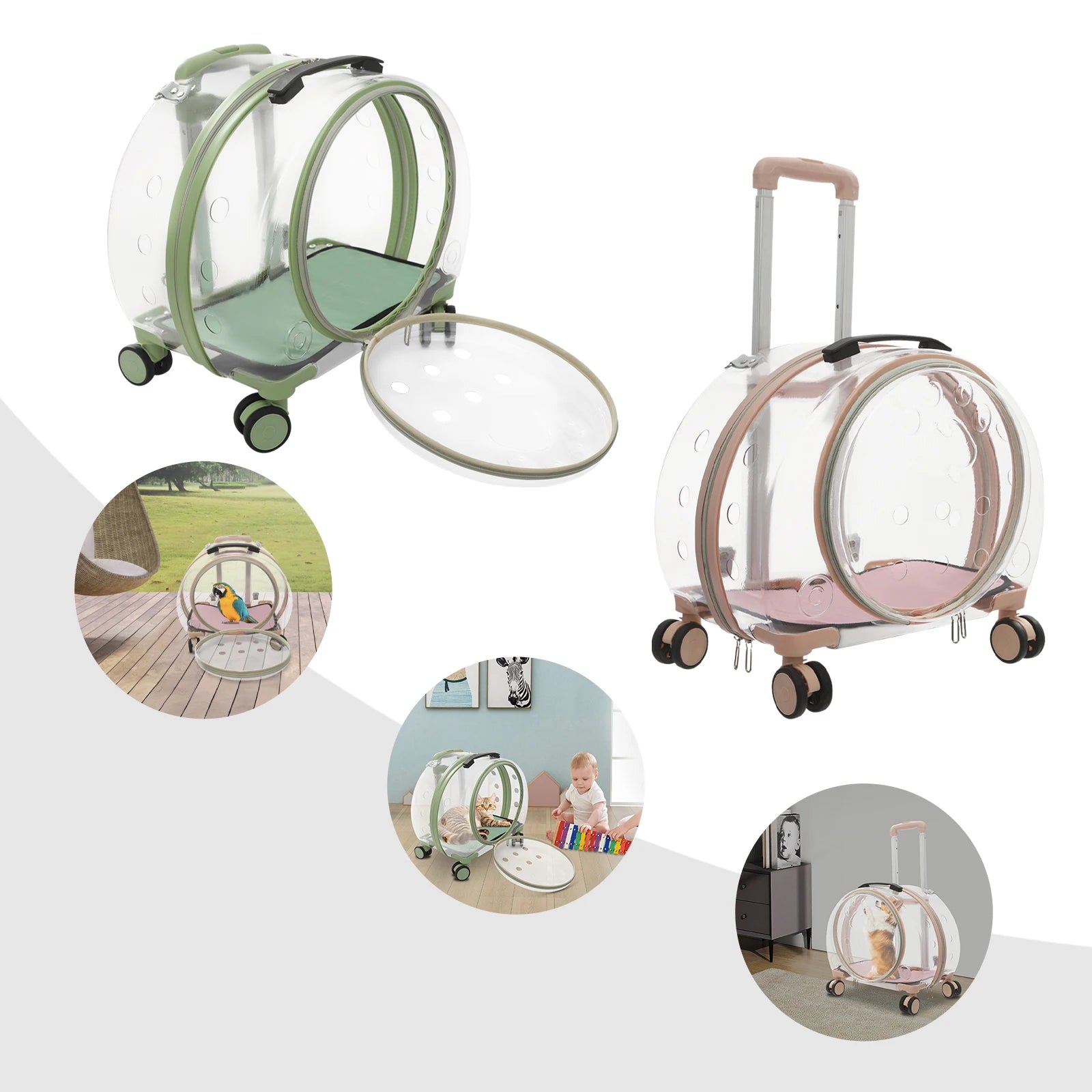 Transparent baby trolley with wheels on a white background