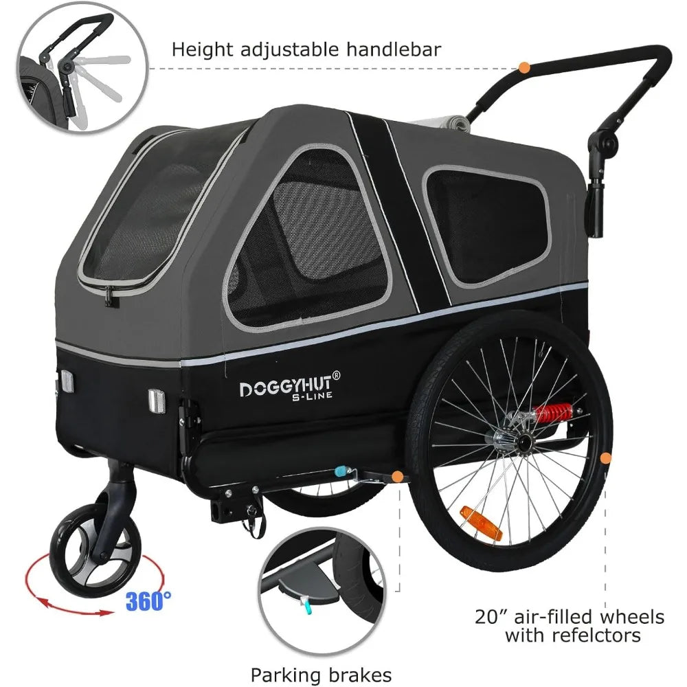Doggy Hut bike trailer with height adjustable handlebar, 20-inch air-filled wheels, and parking brakes on a white background.