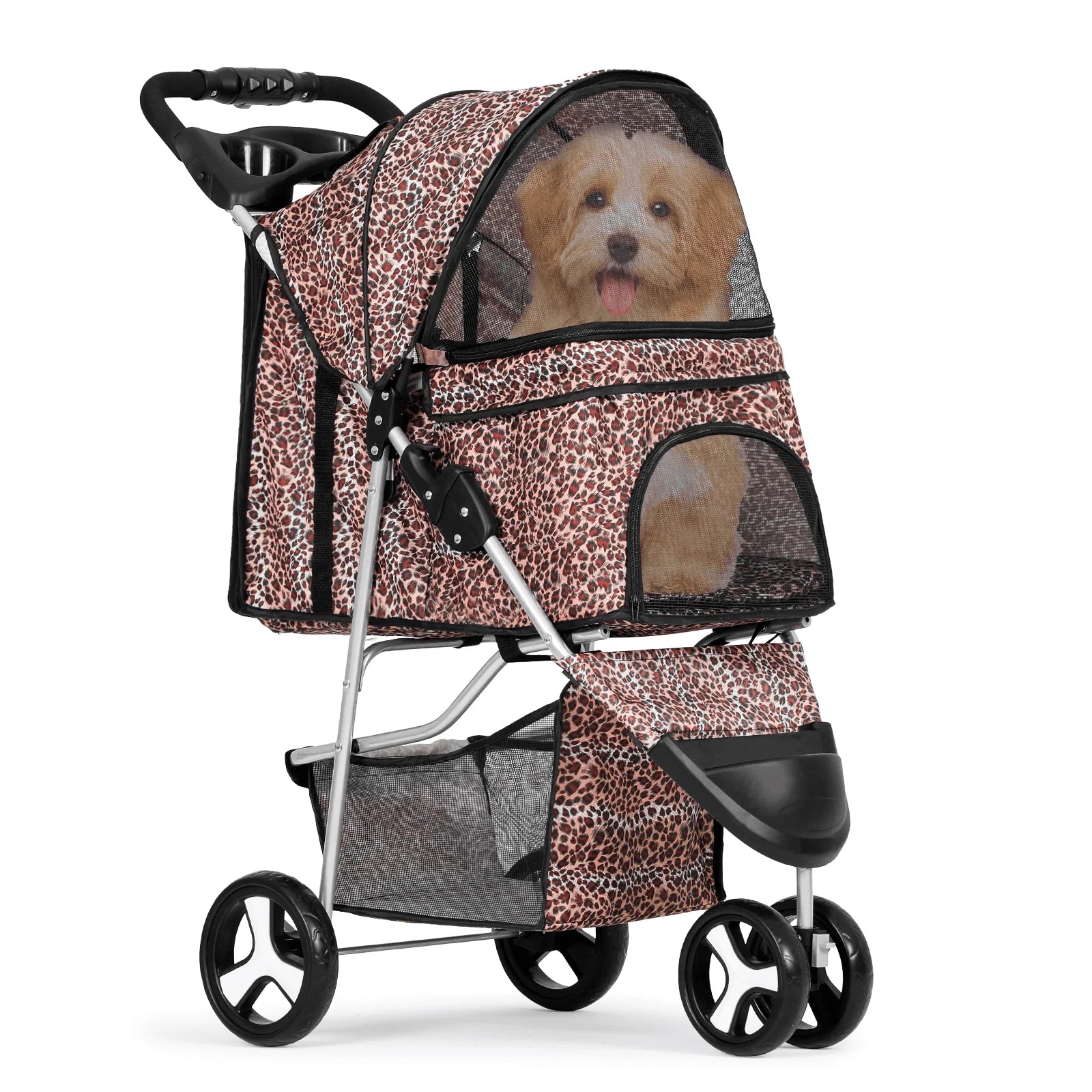 Pet stroller with leopard print design on a white background
