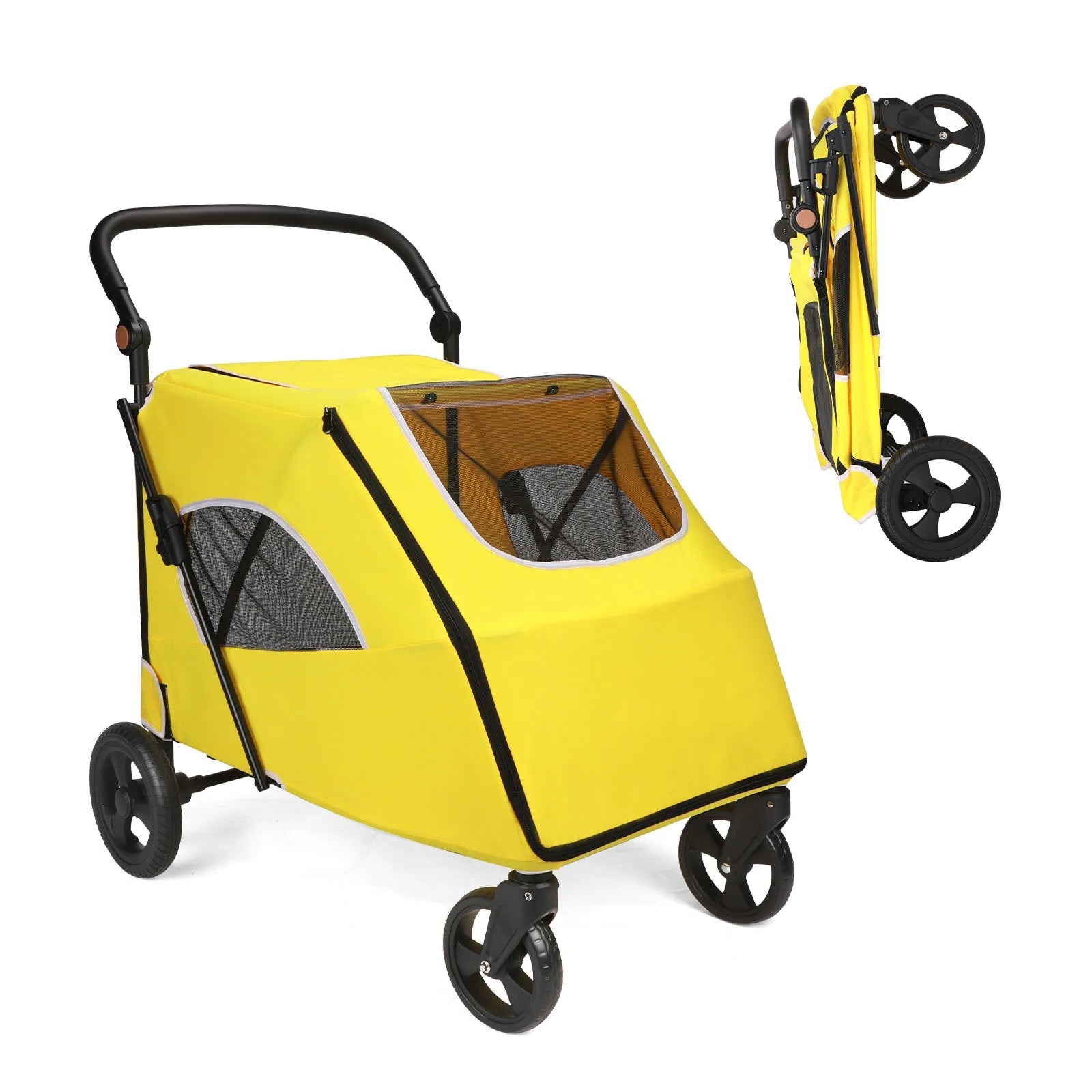Yellow pet stroller with black wheels on a white background