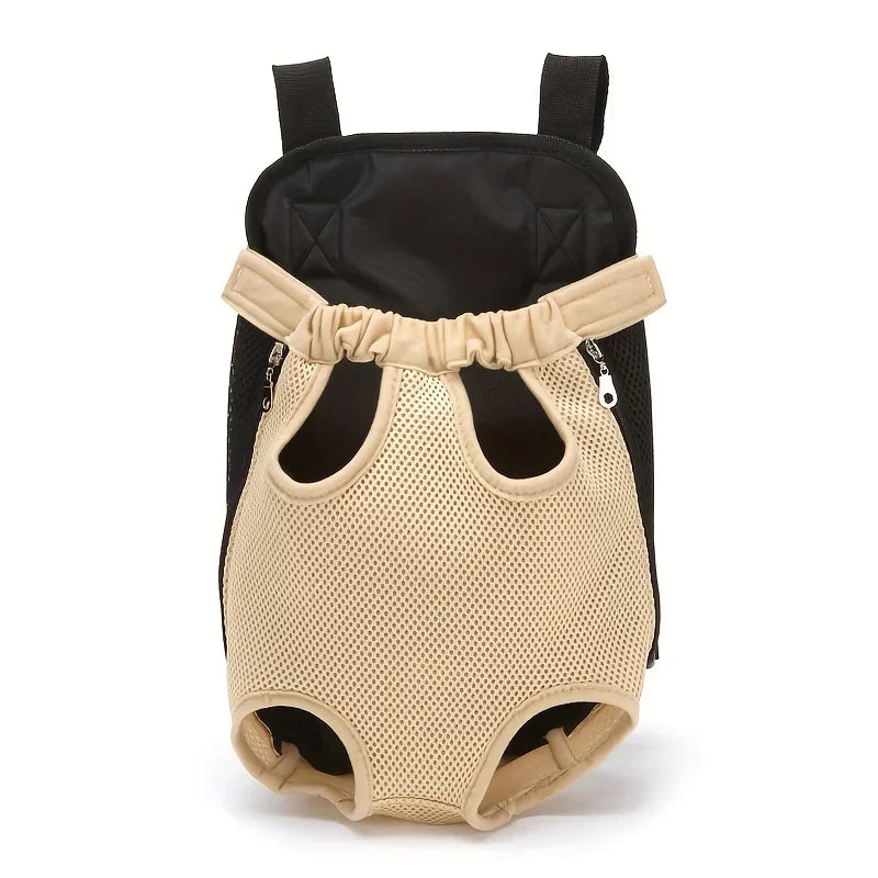 Pet carrier with beige mesh front and black sides on a white background