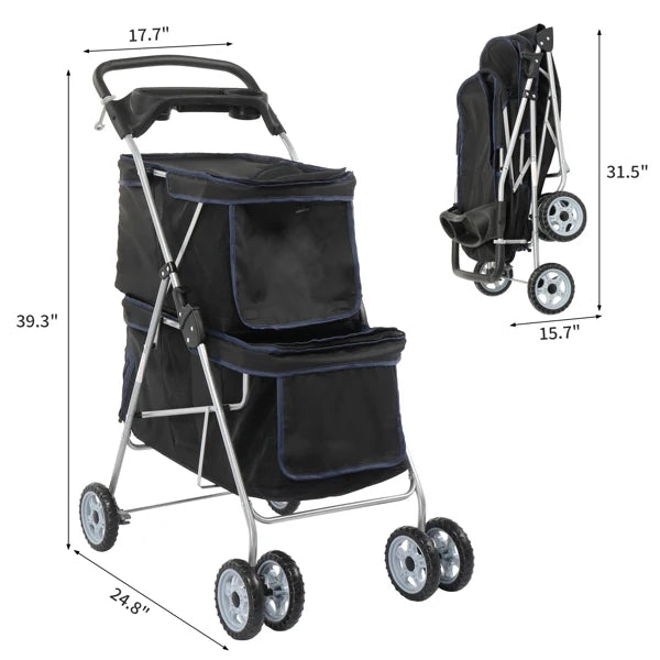 Black pet stroller with dimensions on a white background