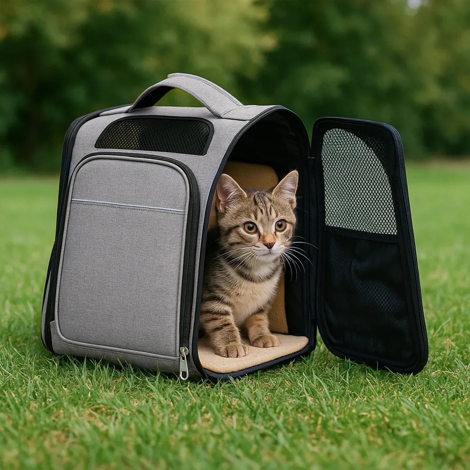 Cat peeking out from a gray pet carrier on grass