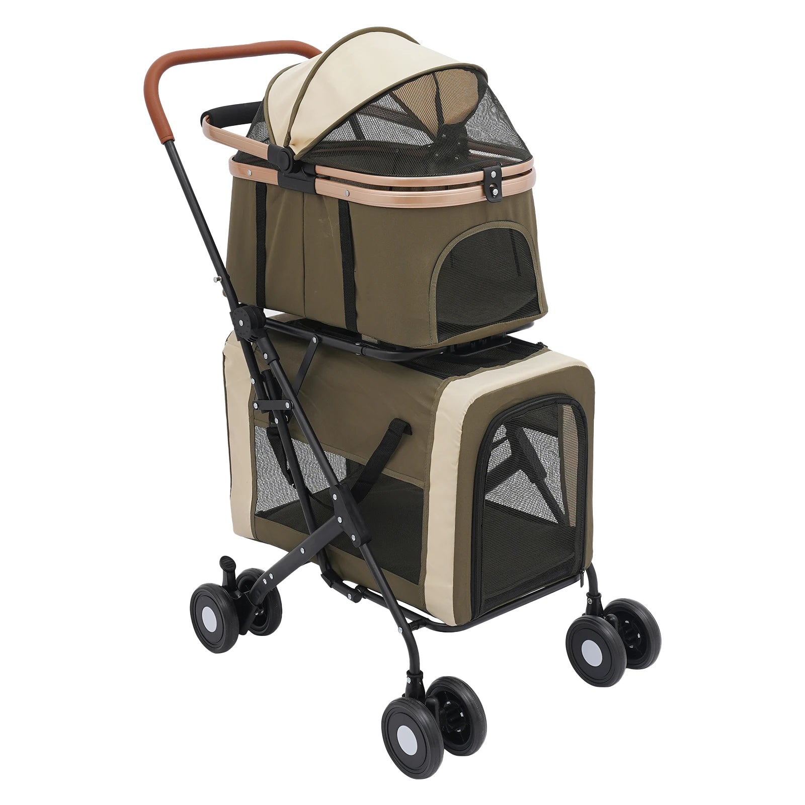 Pet stroller with beige and brown design on a white background