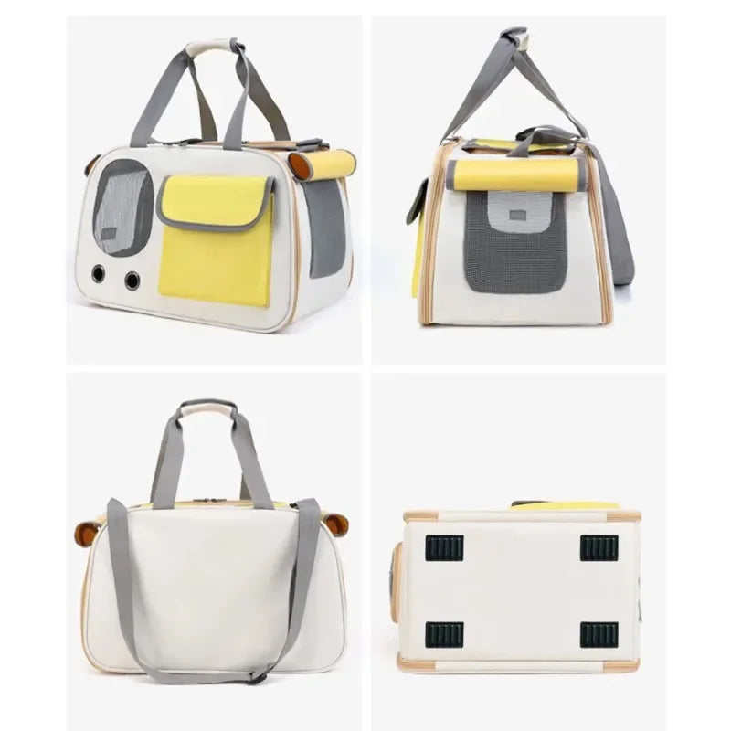Collage of a pet carrier with yellow and gray accents on a white background