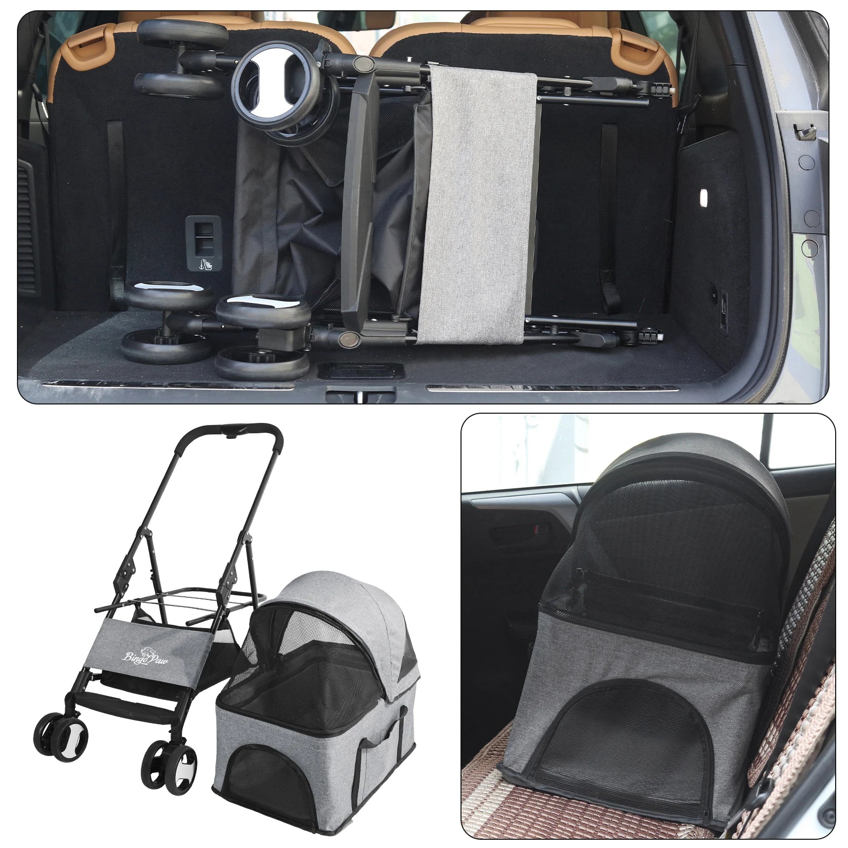 Pet gear collage including a car seat, stroller, and pet carrier.