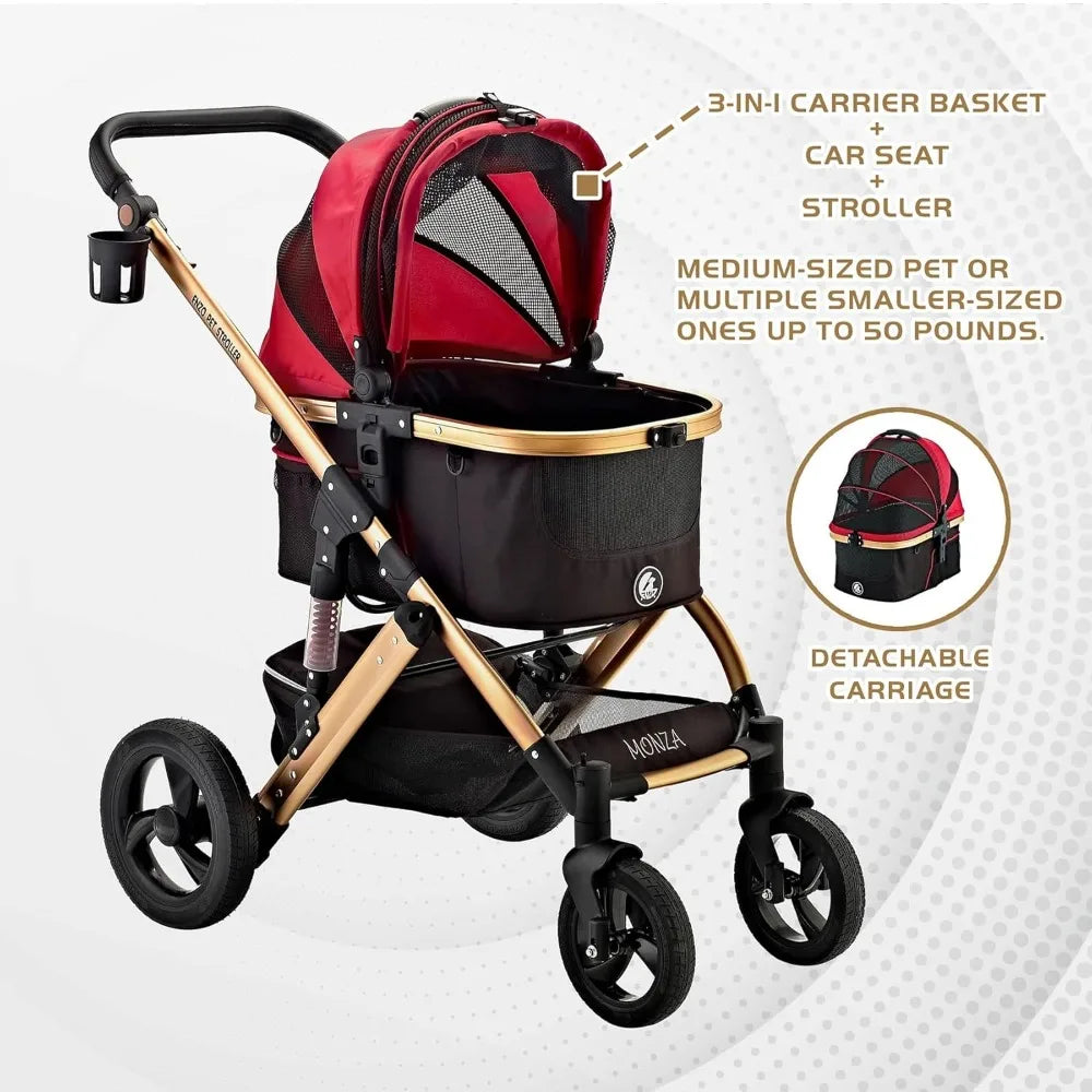 Red and black pet stroller with detachable carriage on a white background