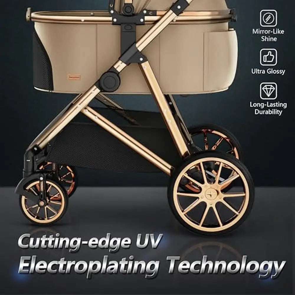 Beige and gold baby stroller with electroplating technology features on a dark background