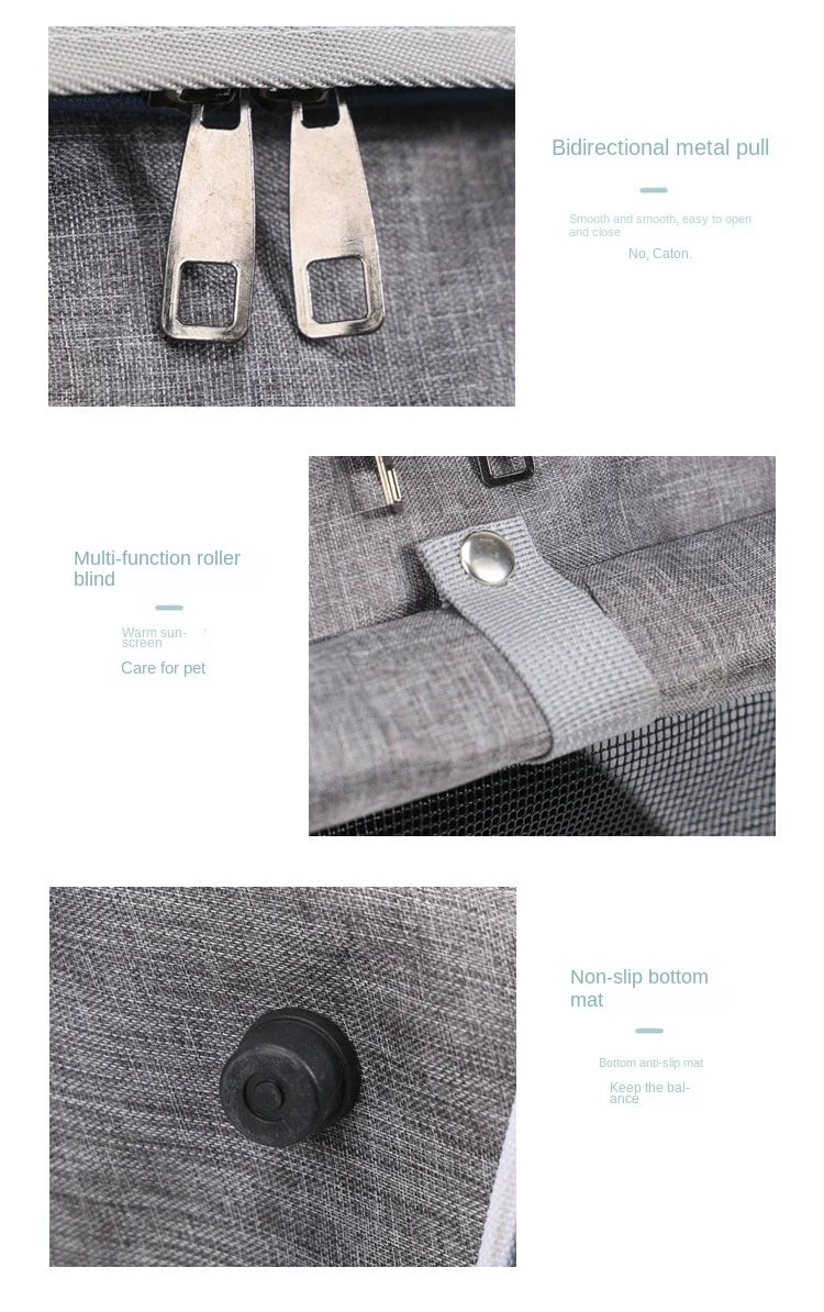 Gray pet carrier with metal pull, roller, and non-slip bottom mat features.