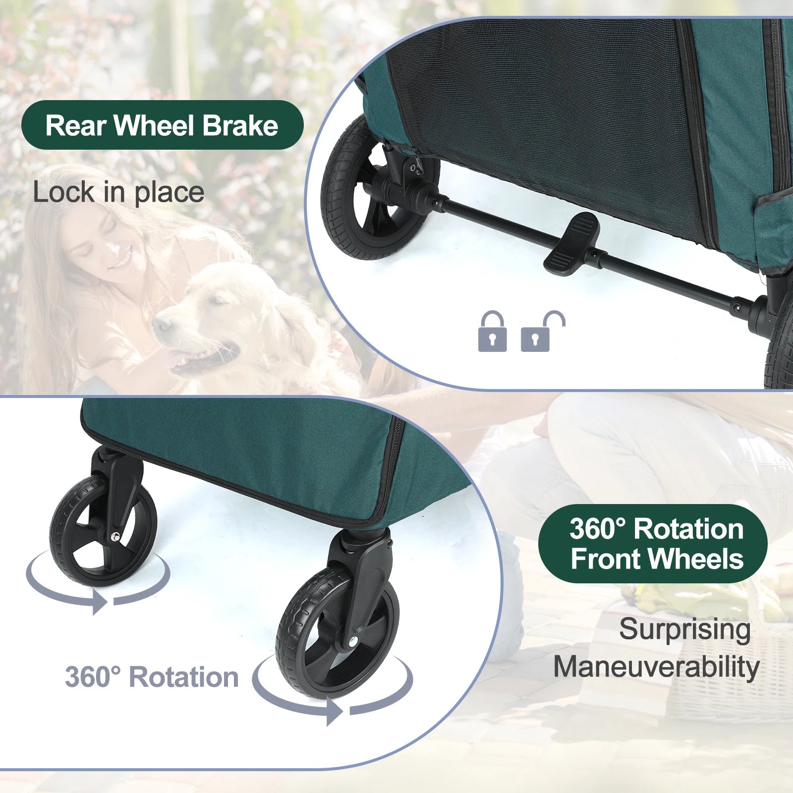 Dog stroller with rear wheel brake and 360-degree rotation front wheels, featuring a blurred background of a dog.
