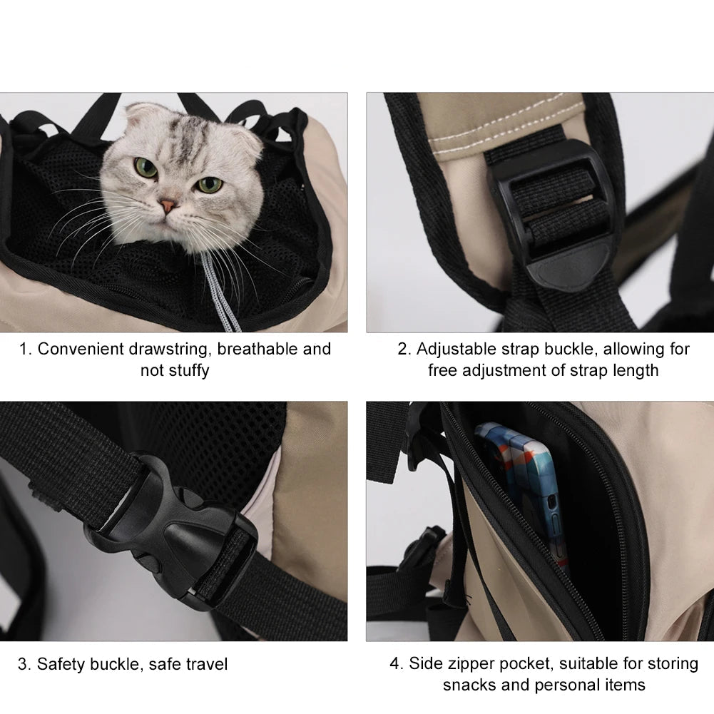 Pet carrier with features highlighted, including a cat inside, adjustable straps, safety buckle, and side pocket.