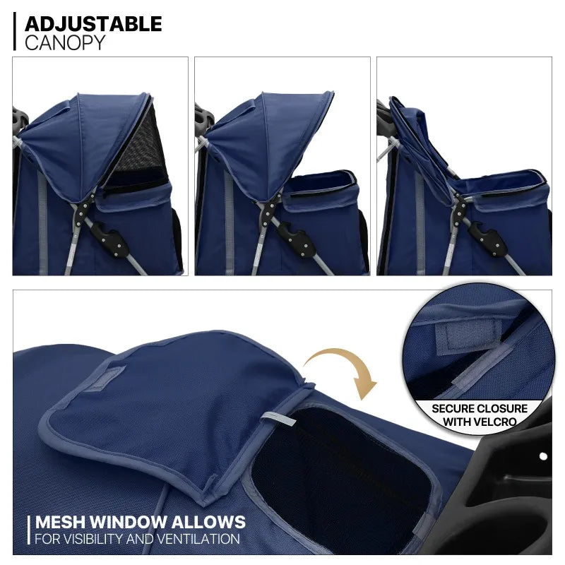 Blue stroller with adjustable canopy and mesh window features.