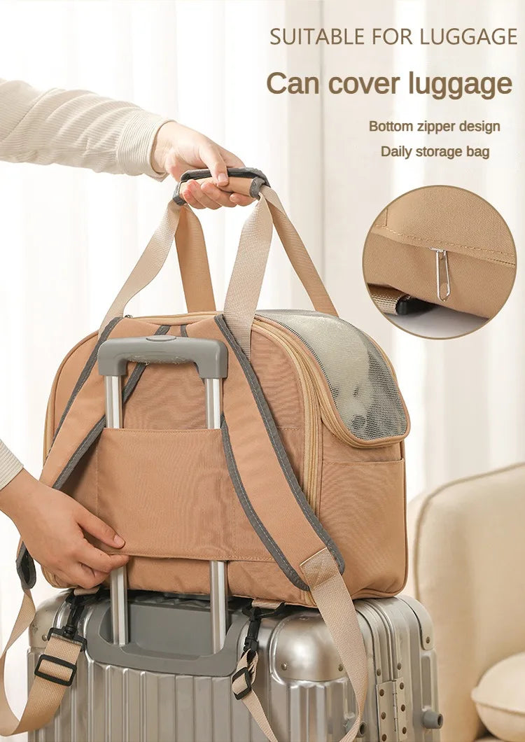 Beige travel bag with wheels attached to a suitcase, suitable for luggage.