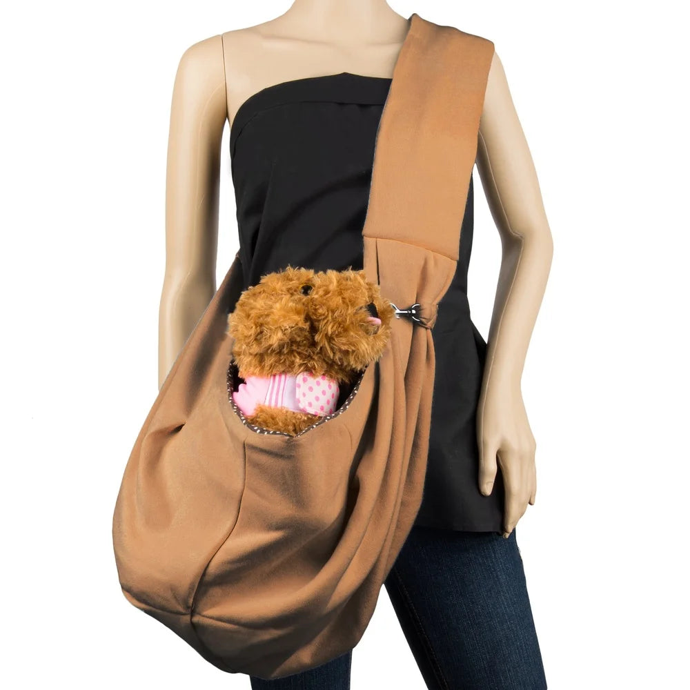 Mannequin wearing a brown shoulder bag with a teddy bear toy inside, on a white background