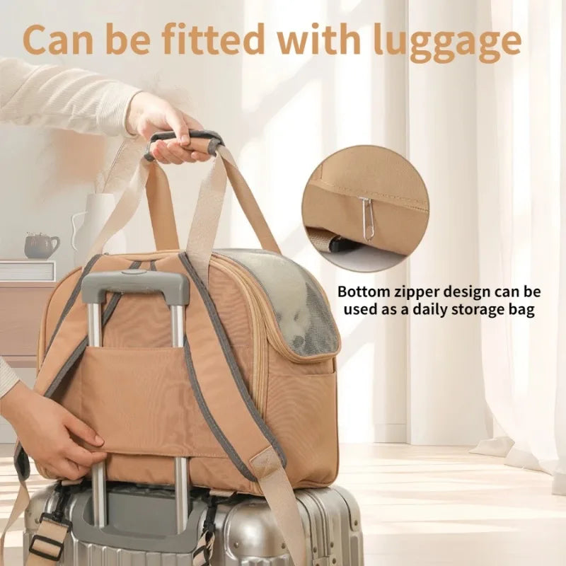 Beige travel bag with wheels attached to a suitcase, showing a bottom zipper design.