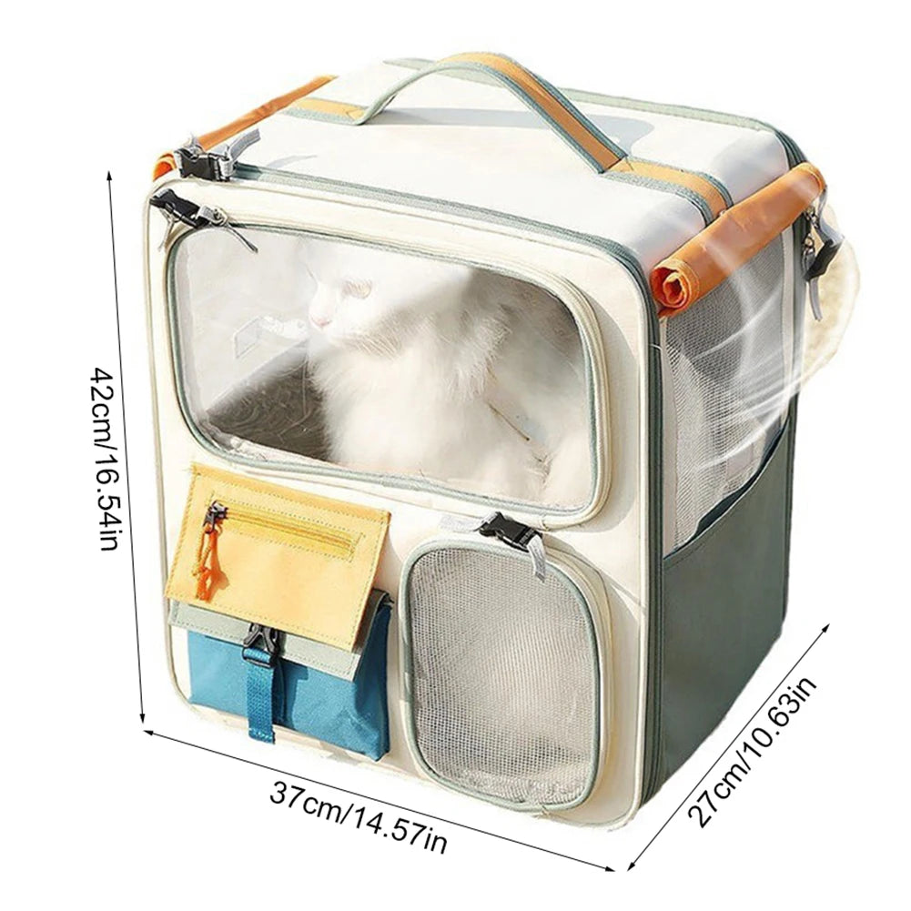 Pet carrier with dimensions displayed on a white background