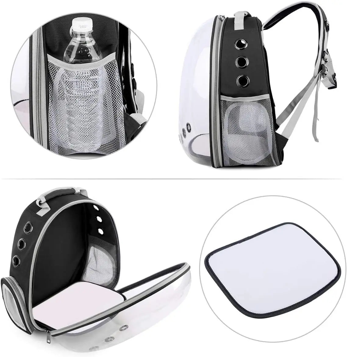 Pet carrier with water bottle holder and side window, shown from multiple angles.