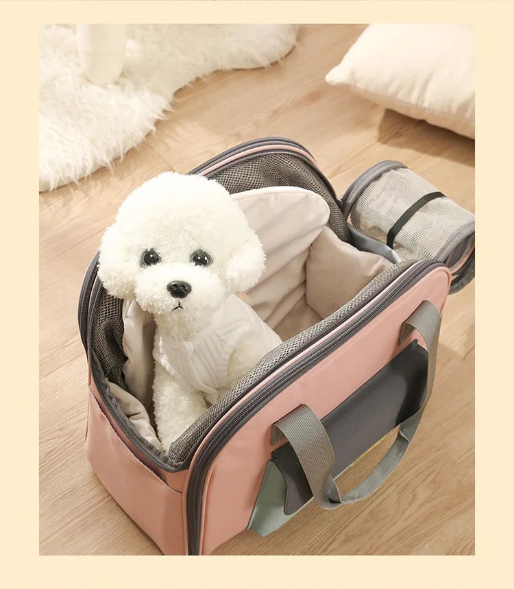 White dog toy inside a pink pet carrier on a wooden floor.