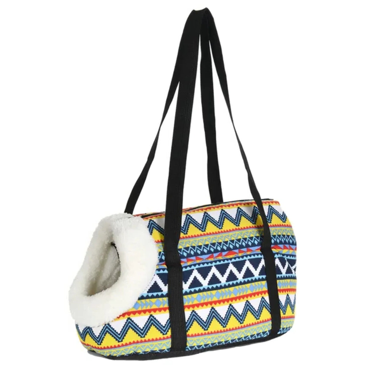 Colorful patterned pet carrier with a white interior on a white background