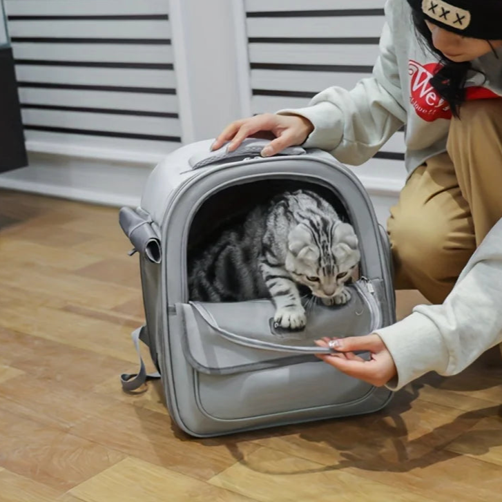 Person with a cat inside a gray pet carrier on a wooden floor, with 'KEMOREFA' branding.